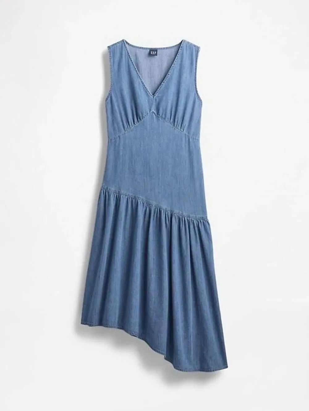 GAP NWT Chambray Denim Asymmetrical Midi Dress V-Neck Blue L Coastal Prairie - Picture 16 of 16